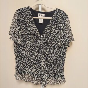 KSL 16W Black‎ White Abstract Print Chiffon V-Neck Blouse Top Career Office Y2k